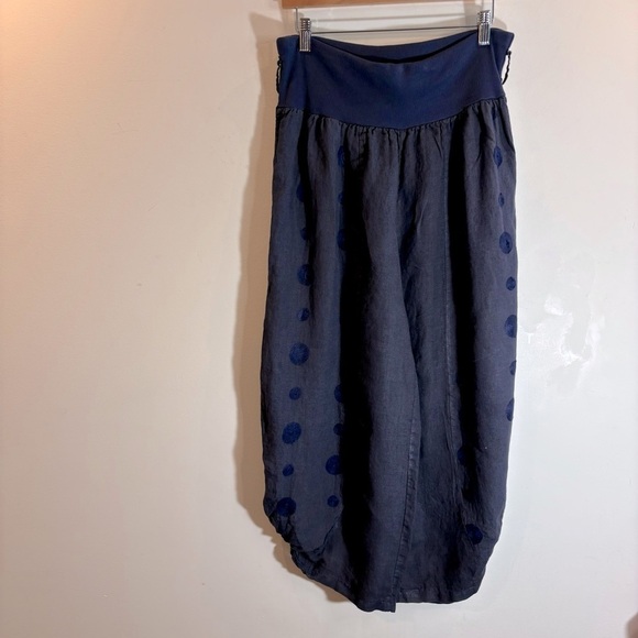 AMO Sz L-XL 100% Linen Harem Gathered Hem Polka Dots Soft Waist Slinky Pants - Picture 2 of 9